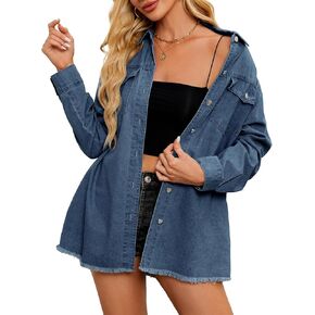 American Trends Denim Jacket for Women Oversized Long Sleeve Jean Shirts Button Down Shirt Lightweight Jean Crop Top Jacket