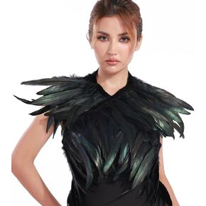 Women's Black Feather Shawl Collar Witch Cosplay Costumes Shrug Maleficent Cape For Halloween Carnival