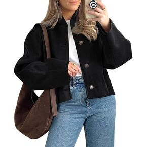 Tankaneo Womens Cropped Pea Coat Casual Button Down Long Sleeve Winter Loose Jackets