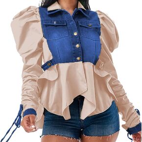 Vakkest Women's Sexy Patchwork Denim Jacket Shirt Long Puff Sleeve Blouses Turn Down Collar Button Up Tops Streetwear