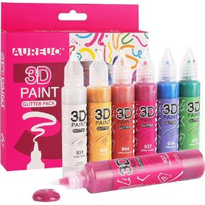 AUREUO 3D Acrylic Paint Pens - 6 Colors x 0.85 Oz / 25ml - Glitter Puffy Fabric Paint for Halloween Crafts, Permanent Fabric Paints for Clothing, Textile, Wood, Glass