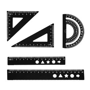 5 PCS Metal Geometry Set with Protractor and Triangle Rulers, 8 & 6 Inch Aluminum Alloy Math Drafting Ruler Straight Measuring Tool for School and Office, Metric and Imperial Black