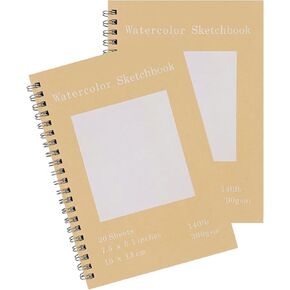 Set of 2, Each with 20 Sheets, 7.5 x 5.1 Inches, 140 lb Cold Press Watercolor Paper, 1150 GSM Brown Hard Cover, Spiral Bound, White Pages for Drawing and Painting