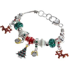 Christmas Theme Murano Glass Beaded Silvertoned Charm Bracelet