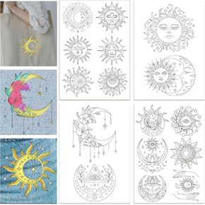GLOBLELAND 4 Sheets Sun and Moon Pattern Water Soluble Hand Sewing Stabilizers for Fabric Embroidery Stitch Practice Embroidery Stickers Wash Away Stabilizers for Embroidery Beginners Lovers