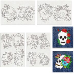 BENECREAT 4Sheets A4 Water Soluble Stabilizers, Skull Flowers Combo Embroidery 12 Patterns Paper Tear Away Stick and Stitch Stabilizers for Embroidery Sewing Lover, 11.7x8.27 inch