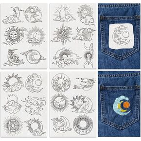 FREEBLOSS 24Pcs Water Soluble Embroidery Patterns Hand Sewing Stabilizer Embroidery Stickers Sun&Moon Theme Water Soluble Stabilizer for Clothing Repair 4 Sheets