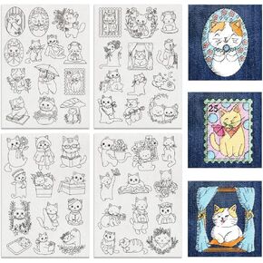 BENECREAT 4 Sheets 49pcs Cat and Flower Water Soluble Stabilizer Hand Sewing Stabilizers, Flower with Animal Transfer Washable Stick and Stitch Embroidery Paper for Hand Sewing Beginners