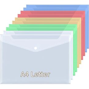 10 Pcs Plastic Envelope with Snap Button Closure, Plastic Waterproof Envelope File Folder, Transparent Folders for Documents, Letter Size, A4 Size,Office Supplies（5 Colors）