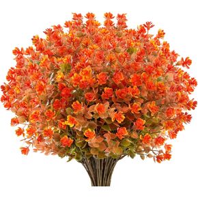 Artificial Fall Flowers 8 Bunches, No Fade Faux Autumn Plants, Fake Indoor Outdoor Faux Autumn Plants for Thanksgiving Christmas Wedding Party Home Garden Mantel Fall Decoration (Green Orange)