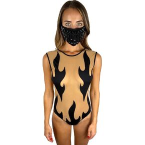 Neva Nude Inferni Black Flame Nude Mesh One Piece BodySuit, Size Small