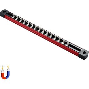 ALOANES 3/8-Inch Drive Magnetic Socket Organizer, Heavy Duty Aluminum Socket Rails Organizer, Socket Rail Holder for Tool Box, 3/8-Inch Socket Holder x 13 Stainless Clips (Red)