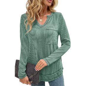 levaca Womens Long Sleeve Tops Fall Ribbed V Neck Shirts Loose Fit Exposed Seam Tunics to Wear With Leggings
