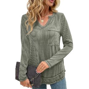 levaca Womens Long Sleeve Tops Fall Ribbed V Neck Shirts Loose Fit Exposed Seam Tunics to Wear With Leggings