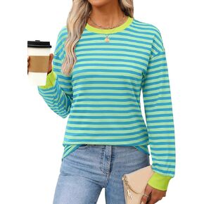 ANRABESS Long Sleeve Shirts for Women Striped Crewneck Loose Fit Tunic Tops 2024 Fall Color Block T-Shirt