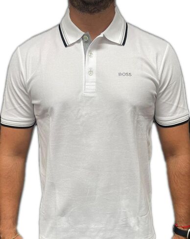 BOSS Mens Polo Performance Fabric Double Striped Collar Paddy PRO 50249000 (US, Alpha, Medium, Regular, Regular, White) in Saudi Arabia