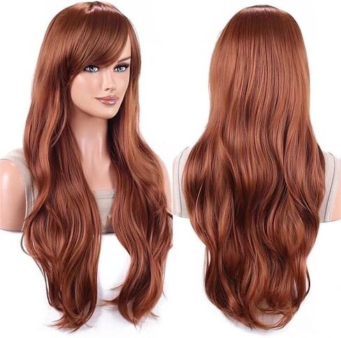 28Inch Cyan Blue Wig with Bang Long Wavy Curly Hair Cosplay Wig For Girls Women Theme Party (Cyan Blue) in Saudi Arabia