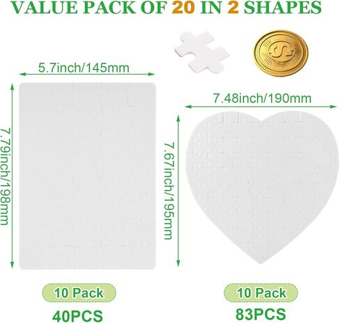 AKOLAFE 20 مجموعة من الفراغات ألغاز التسامي باللون الأبيض بالكامل 83 قطعة - قلب و40 قطعة - أحجية فارغة مستطيلة للرسم عليها والكتابة عليها، اصنع فراغات التسامي الخاصة بك، قطع ألغاز فارغة بالجملة لإنشاء الحرف اليدوية in Kuwait