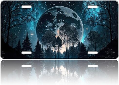 Moon License Plate Night Forest License Plate Stainless Steel Front License Plate Vanity Tag Anti-Rust Funny for Car Decorative for Women Men 6 X 12 Inch with 4 Holes in Saudi Arabia