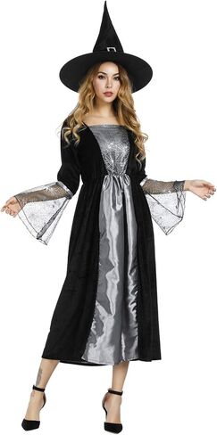 Womens Wicked Witch Costume Long Sorceress Classic Dress with Hat Fancy Party Dress Up Cosplay Costumes in Saudi Arabia