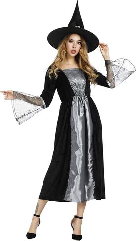 Womens Wicked Witch Costume Long Sorceress Classic Dress with Hat Fancy Party Dress Up Cosplay Costumes in Saudi Arabia