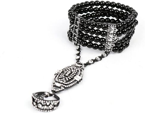 1920s Imitation Pearl Beaded Chain Flapper Bracelet Ring Retro Rhinestone Crystal Seeds Bracelet for Women Friend Bridal Vintage Wedding Jewelry Birthday Gift in Saudi Arabia