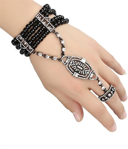 1920s Imitation Pearl Beaded Chain Flapper Bracelet Ring Retro Rhinestone Crystal Seeds Bracelet for Women Friend Bridal Vintage Wedding Jewelry Birthday Gift in Saudi Arabia