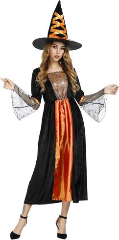 Womens Wicked Witch Costume Long Sorceress Classic Dress with Hat Fancy Party Dress Up Cosplay Costumes in Kuwait