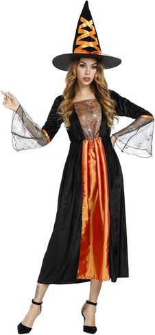 Womens Wicked Witch Costume Long Sorceress Classic Dress with Hat Fancy Party Dress Up Cosplay Costumes in Kuwait