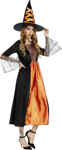 Womens Wicked Witch Costume Long Sorceress Classic Dress with Hat Fancy Party Dress Up Cosplay Costumes in Kuwait