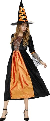 Womens Wicked Witch Costume Long Sorceress Classic Dress with Hat Fancy Party Dress Up Cosplay Costumes in Kuwait
