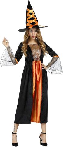 Womens Wicked Witch Costume Long Sorceress Classic Dress with Hat Fancy Party Dress Up Cosplay Costumes in Kuwait