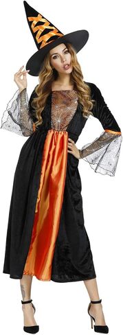 Womens Wicked Witch Costume Long Sorceress Classic Dress with Hat Fancy Party Dress Up Cosplay Costumes in Kuwait
