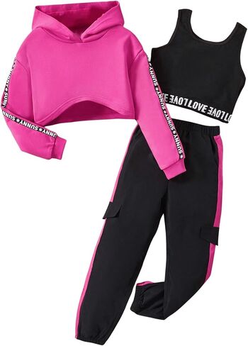 MakeMeChic Girl's 3 Piece Outfits Letter Print Hooded Crop Top and Pocket Jogger Pants Set with Tank in Kuwait