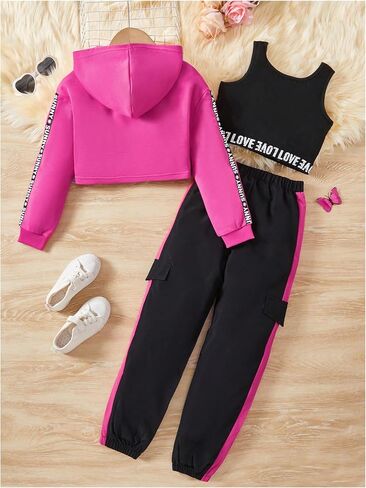 MakeMeChic Girl's 3 Piece Outfits Letter Print Hooded Crop Top and Pocket Jogger Pants Set with Tank in Kuwait