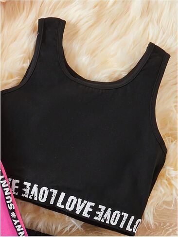 MakeMeChic Girl's 3 Piece Outfits Letter Print Hooded Crop Top and Pocket Jogger Pants Set with Tank in Kuwait