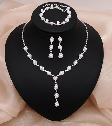 Elegant Bridal Jewelry Sets for Wedding Day Choker Necklace Dangle Earrings Link Bracelets Set for Bride Bridesmaids Prom Party Costume Accessories Women #1103 in Kuwait