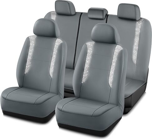 PIC AUTO Car Seat Cover, Sparkly Crystal Bling Glitter with Gray Leather, Full Set Waterproof Automotive Seat Covers for Girls & Women, Airbag Compatible, Universal Fit for Cars, SUVs, Truck in Kuwait