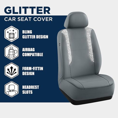 PIC AUTO Car Seat Cover, Sparkly Crystal Bling Glitter with Gray Leather, Full Set Waterproof Automotive Seat Covers for Girls & Women, Airbag Compatible, Universal Fit for Cars, SUVs, Truck in Kuwait