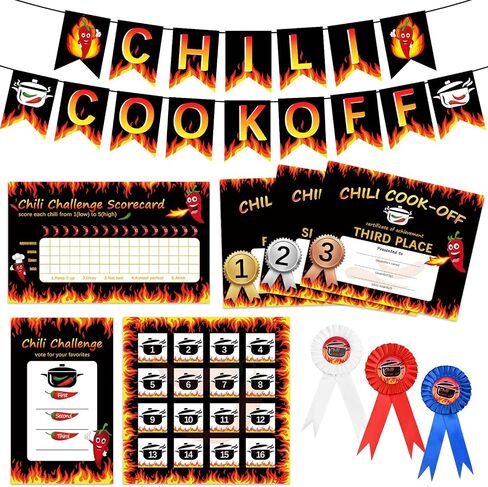 تشتمل مجموعة حفلات مسابقة Chili Cook Off على لافتة Chili Cook Off وشهادة Chili لجوائز التصويت وبطاقات نقاط تذوق الفلفل الحار وأرقام الوعاء والجوائز لمستلزمات مسابقة تذوق الفلفل الحار in Saudi Arabia