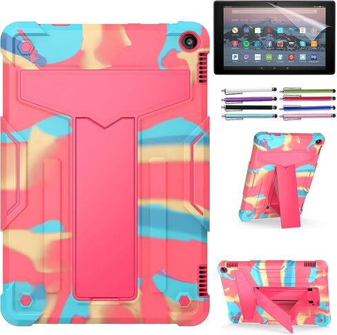 Epicgadget Case for Amazon Fire HD 10 and Fire HD 10 Plus (11th Generation, 2021 Released) - Heavy Duty Shockproof Hybrid Case with Kickstand + 1 Screen Protector Film and 1 Stylus (Teal/Pink) in Kuwait