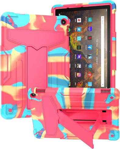 Epicgadget Case for Amazon Fire HD 10 and Fire HD 10 Plus (11th Generation, 2021 Released) - Heavy Duty Shockproof Hybrid Case with Kickstand + 1 Screen Protector Film and 1 Stylus (Teal/Pink) in Kuwait