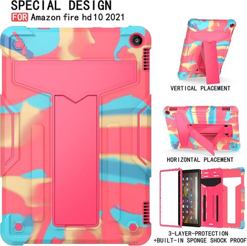 Epicgadget Case for Amazon Fire HD 10 and Fire HD 10 Plus (11th Generation, 2021 Released) - Heavy Duty Shockproof Hybrid Case with Kickstand + 1 Screen Protector Film and 1 Stylus (Teal/Pink) in Kuwait