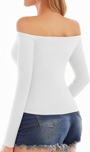 MANGOPOP Off The Shoulder Tops for Women Sexy Long Sleeve T Shirt Slim Fitted Tee Going Out Tops in Kuwait