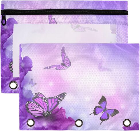 Purple Butterfly Binder Pencil Pouch 2 Pack, Clear PVC Window 3-Ring Binder Pencil Case Zipper Pencil Pouch for Office in Saudi Arabia