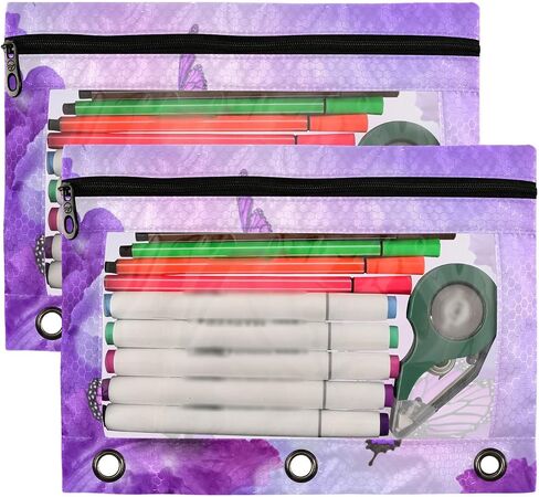 Purple Butterfly Binder Pencil Pouch 2 Pack, Clear PVC Window 3-Ring Binder Pencil Case Zipper Pencil Pouch for Office in Saudi Arabia