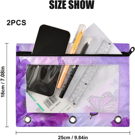 Purple Butterfly Binder Pencil Pouch 2 Pack, Clear PVC Window 3-Ring Binder Pencil Case Zipper Pencil Pouch for Office in Saudi Arabia
