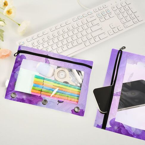 Purple Butterfly Binder Pencil Pouch 2 Pack, Clear PVC Window 3-Ring Binder Pencil Case Zipper Pencil Pouch for Office in Saudi Arabia