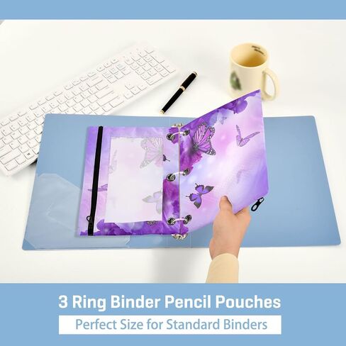 Purple Butterfly Binder Pencil Pouch 2 Pack, Clear PVC Window 3-Ring Binder Pencil Case Zipper Pencil Pouch for Office in Saudi Arabia