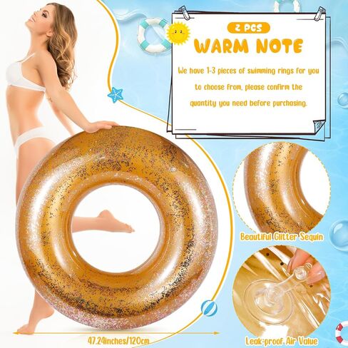 Jumbo Pool Floats 47.24 Inches Inflatable Swimming Ring Gold Glitter Pool Floats Tube Large Pool Floaties Swimming Ring for Adults Summer Beach Bachelorette Party Supplies in Saudi Arabia